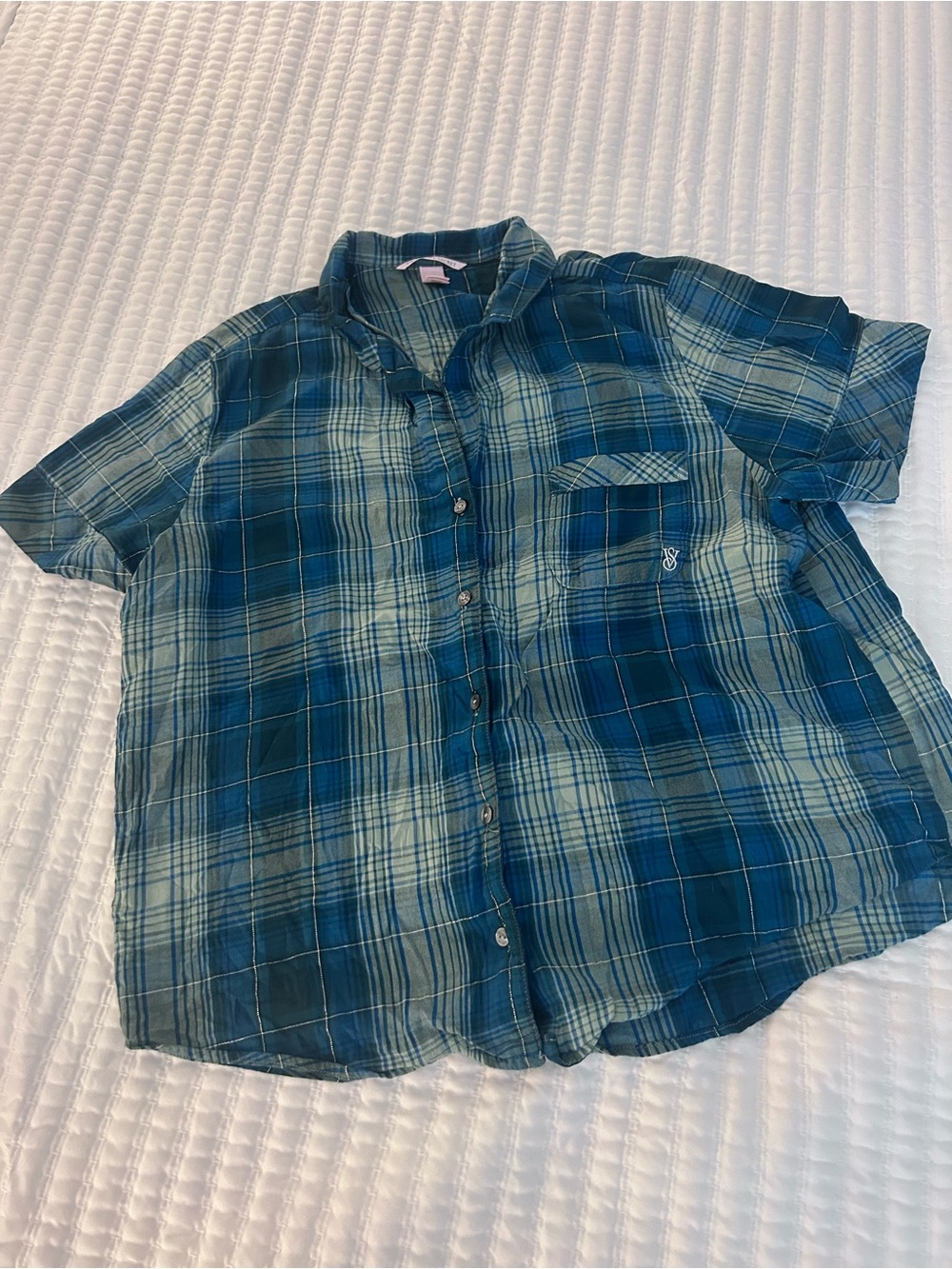 Victoria's Secret Teal and Blue Plaid Button-Down Pajama Loungewear Set. Size L - Picture 2 of 9
